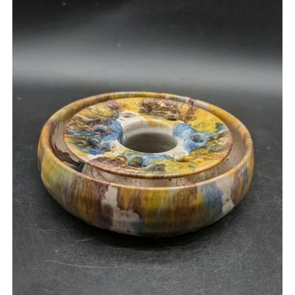 Ridge Hand Studio Pottery Ceramic Flower Frog Bowl Set Drip Glaze Multicolor 5